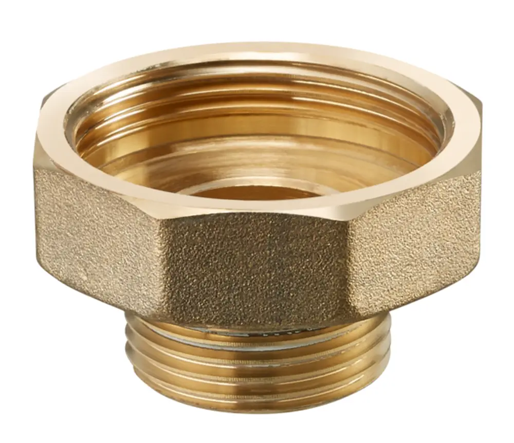 Brass pump connection fitting von Oventrop mit Innengewinde und Außengewinde, geeignet für die Verrohrung in Heizungsanwendungen.